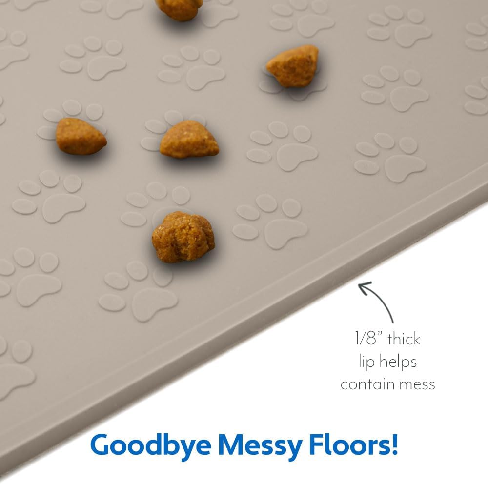MIGHTY MONKEY 100% Waterproof Dog Food Mat, Raised Edges Silicone Pet Feeding Placemat for Cat, Dogs, Pet Bowls, High Lipped Tray Prevents Water Spills, Food on Floor, Dishwasher Safe, 24x16, Beige