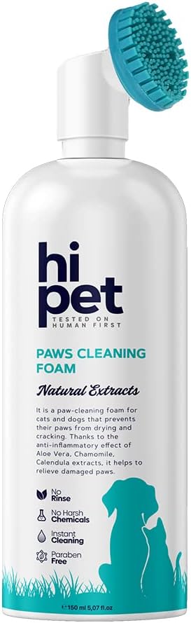 Hi Pet Dog Paw Cleaner Foam with Built-in Paw Scrubber Brush, Paw Cleaner for Dogs and Cats, Cat and Dog Paw Moisturizer, Effortless and Easy-to-Use Bottle Design Dog Feet Cleaner, 5.07 Fl Oz