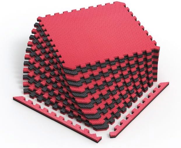 Norsk Reversible Gym Exercise Mats 3/4" Thick EVA Interlocking Foam Tiles, Perfect Home Gym Flooring, 20 Tiles & 40 Trim Pieces, 80 Sq. Ft. Reversible, Red/Black