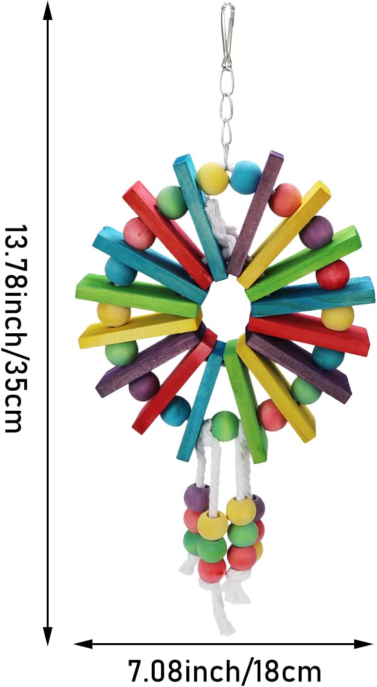 Parrot Hanging Chew Toy Bird Bite Swing with Colorful Wood Beads Bells for Parrot Macaw African Greys Cockatiels Cage Accessories (Colorful Wood Toy)