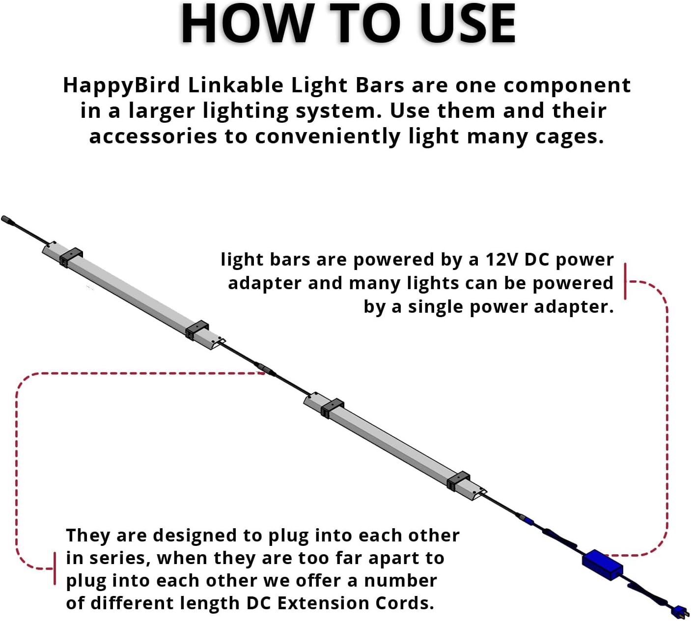 HappyBird Lightning (A Divison of M&M Cage) 24" LED linkable Light bar Without Power Source for Multiple Bird Breeder Cages, Full Spectrum LED. Will NOT Run ON ITS OWN (Single)