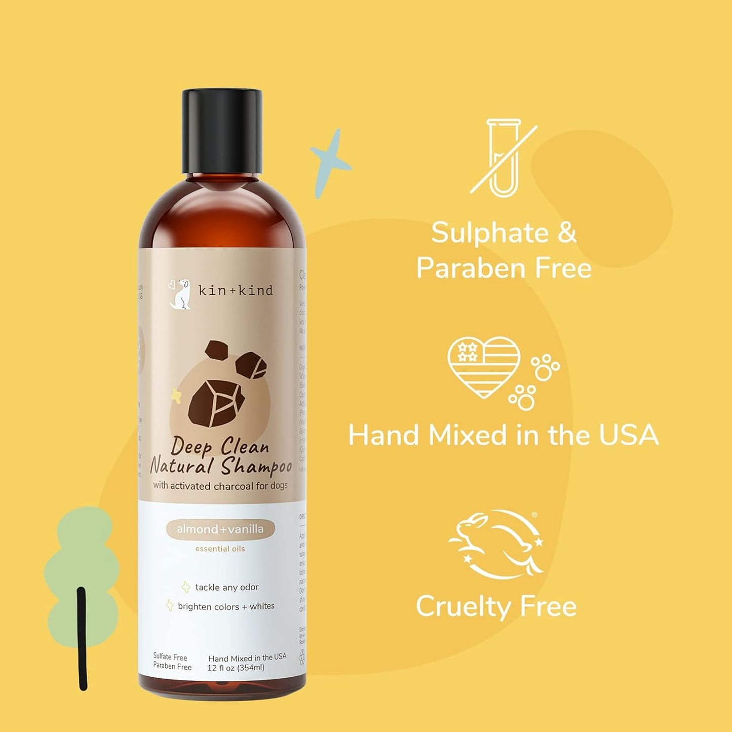 kin+kind Dog Shampoo - Deep Clean, Dirt & Odor Remover w/Activated Charcoal for Dogs, Gentle Formula w/Natural Aloe, Olive Oil & Coconut Oil, Pet Care & Grooming Products, Almond & Vanilla, 12 fl oz