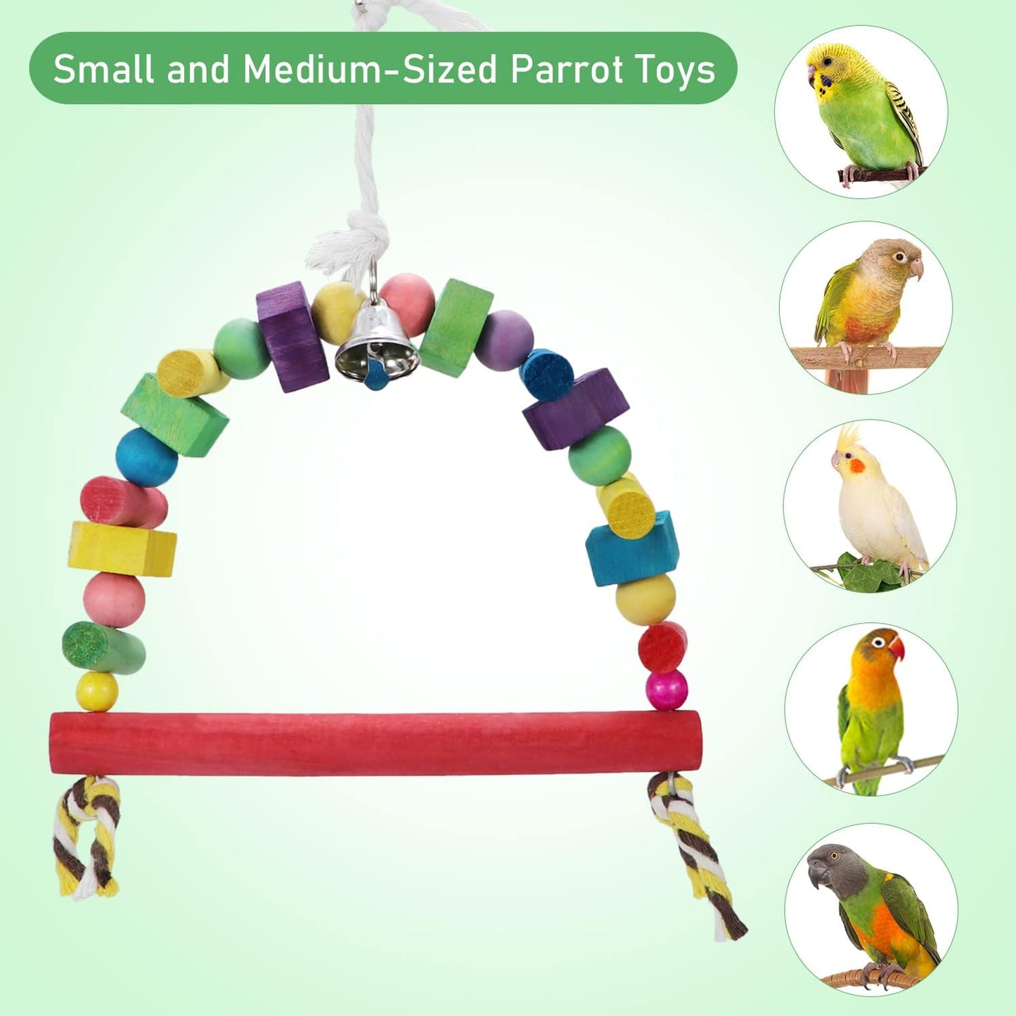 Litewoo Bird Swing Toys Natural Wood Knots Block Rainbow Bridge Wooden Hanging Bells Toys for Parrot Budgie Lovebirds Conures Parakeet cockatoo Cockatiel