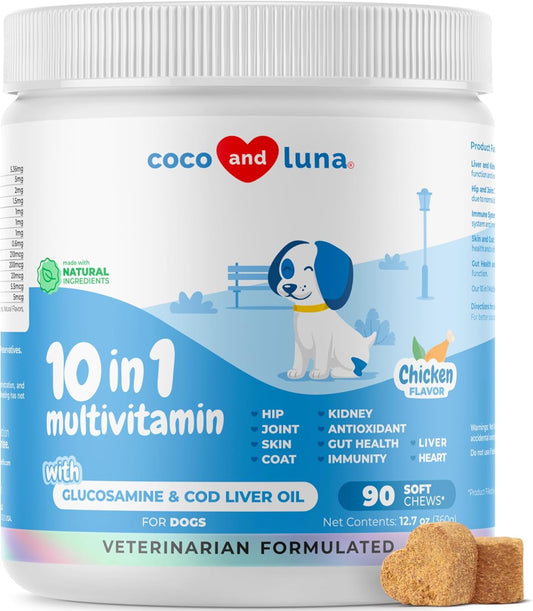 10 in 1 Multivitamin for Dogs - Glucosamine Chondroitin for Joint Support + Digestive Enzymes & Probiotics - Cod Liver Oil & Vitamins with Coq10 for Skin & Heart Health, Gut & Immune Support