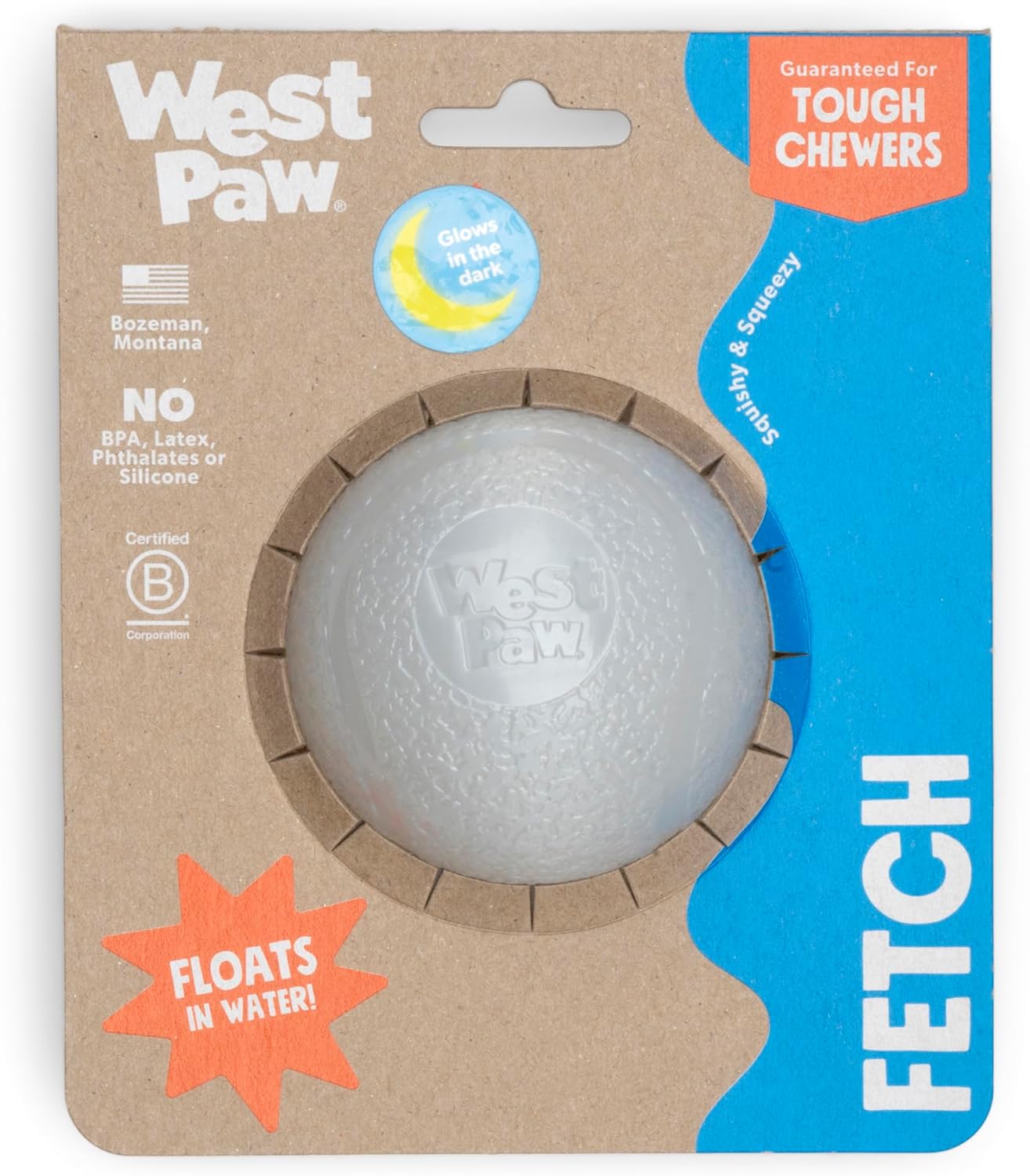 WEST PAW Boundr Ball Dog Fetch Toy – Bouncing Toys for Dogs, Fetch, Catch, Chewing, Play – Floatable, Recyclable Balls – Large Glow in The Dark