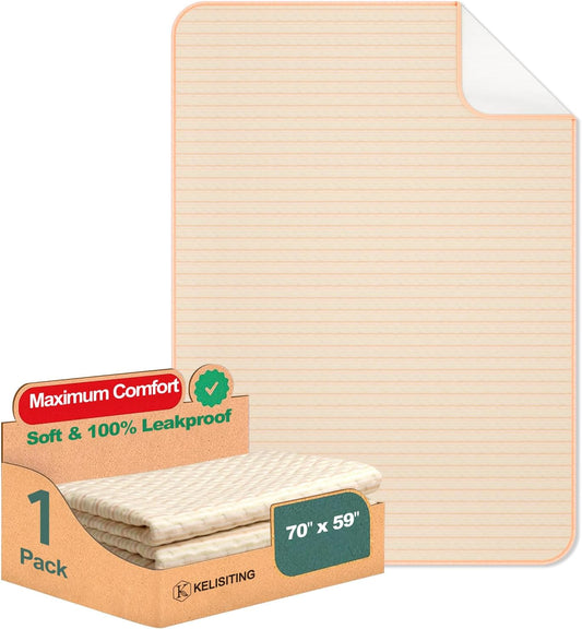 King Size Bed Pads for Incontinence Washable Waterproof, 71" x 59" (Pack of 1) - Reusable Extra Large Colored Cotton Pee Pads for Adults, Elderly, Pet, 4-Layer Underpads for Sofa,Furniture -KELISITING