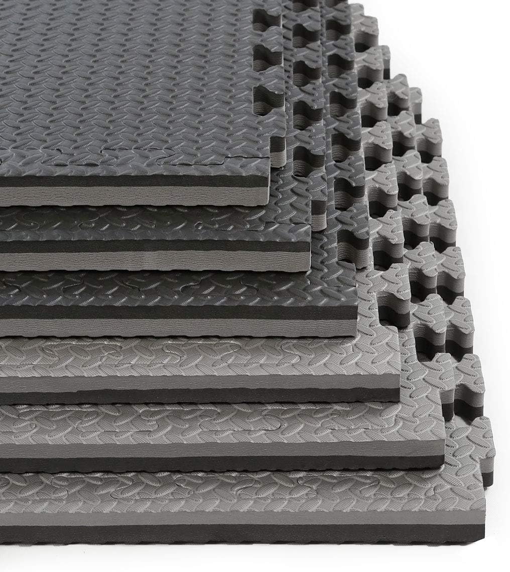 Xspec 1" Extra Thick 48 sq ft Reversible EVA Gym Foam Floor Mat Tiles (24" x 24"), Steel Pattern, 12 pcs, Black & Grey