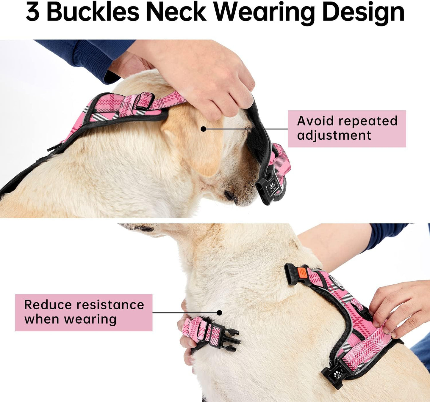 IVY&LANE No Pull Dog Harness with Leash Set, Reflective No Choke Pet Vest,Adjustable Oxford Dog Vest Harness with Easy Control Handle for Large Dogs (Checkered Pink,XL)