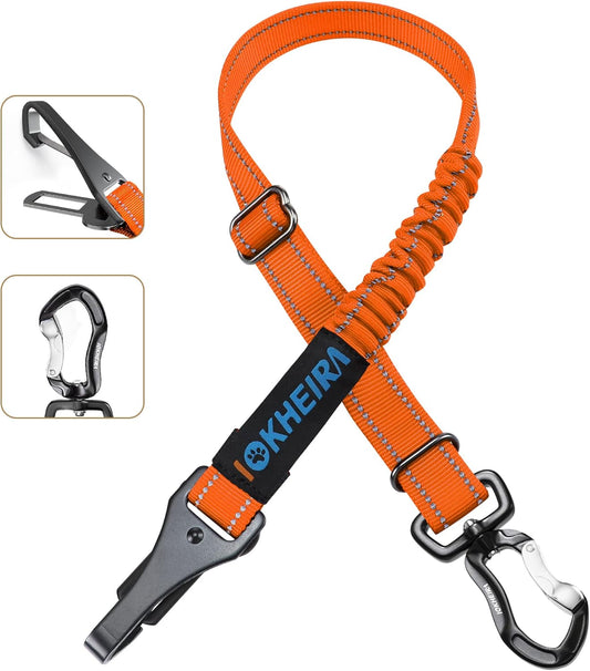 IOKHEIRA Orange Dog Seatbelt - Adjustable Reflective Bungee Harness with Aluminum Swivel Carabiner