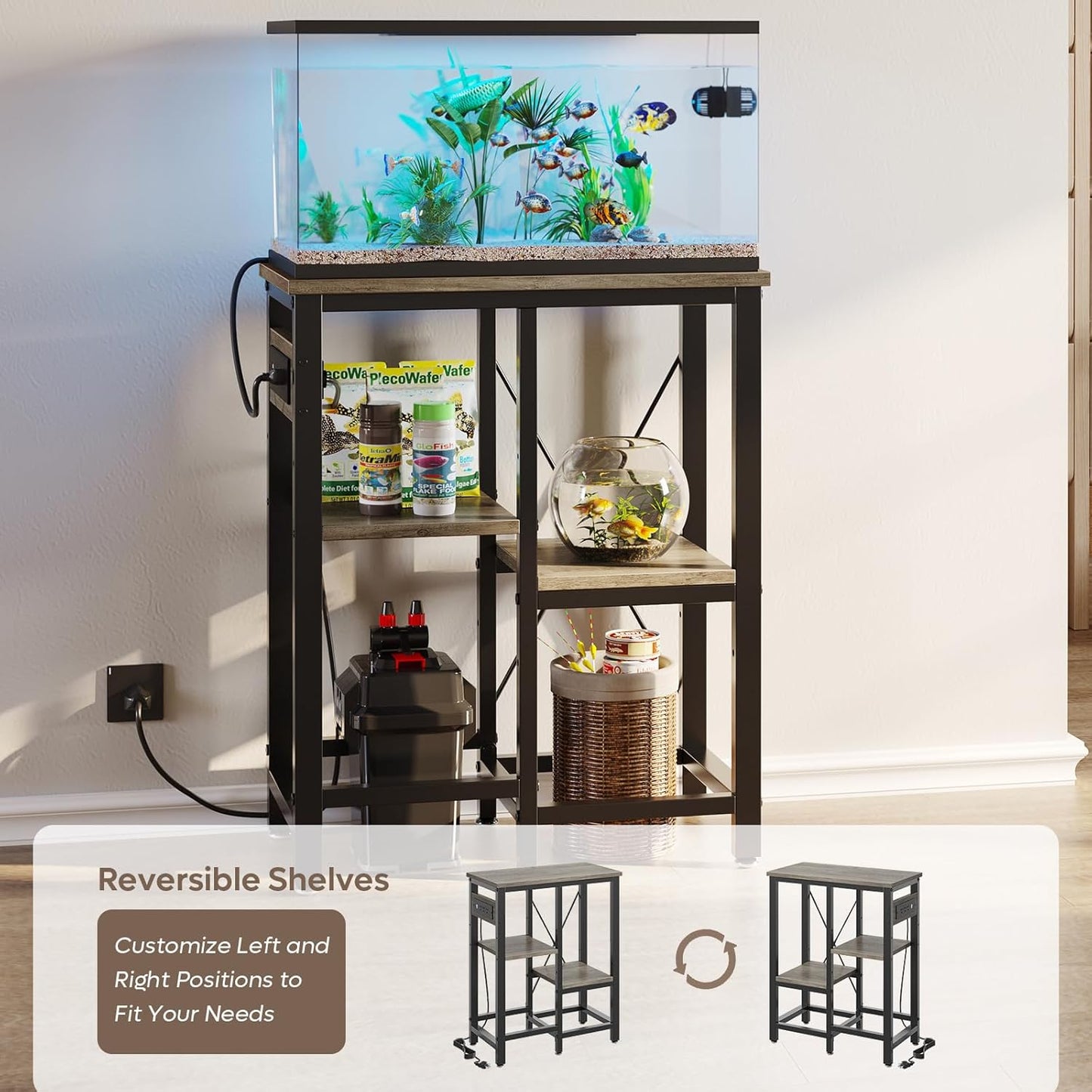 10 Gallon Fish Tank Stand with Power Outlets, 20 x10 Metal Aquarium Stand with 3-Tiers Adjustable Storage Shelves, 6-Legs Reptile Terrarium Stand, 264 LBs