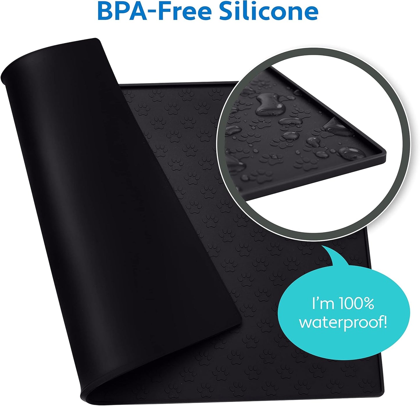 MIGHTY MONKEY 100% Waterproof Dog Food Mat, Raised Edges Silicone Pet Feeding Placemat for Cat, Dogs, Pet Bowls, High Lipped Tray Prevents Water Spills, Food on Floor, Dishwasher Safe, 18x12, Black