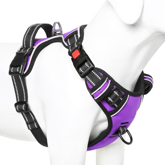 Timos Dog Harness Large Sized, No Pull with Neck Lockable Snap,No Choke Front Clip Dog Reflective Harness,Adjustable Metal Rings 3 Buckles,Easy Control Handle for Large Dogs Purple XL