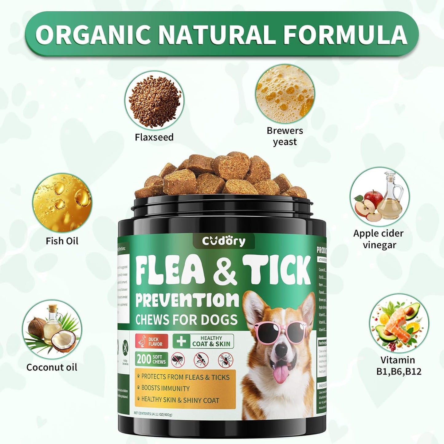 Flea and Tick Prevention for Dogs Chews – 200 Soft Chews, Dog Flea Chewables with Skin & Coat Support – Oral Supplement for All Breeds & Ages – Natural Duck Flavor