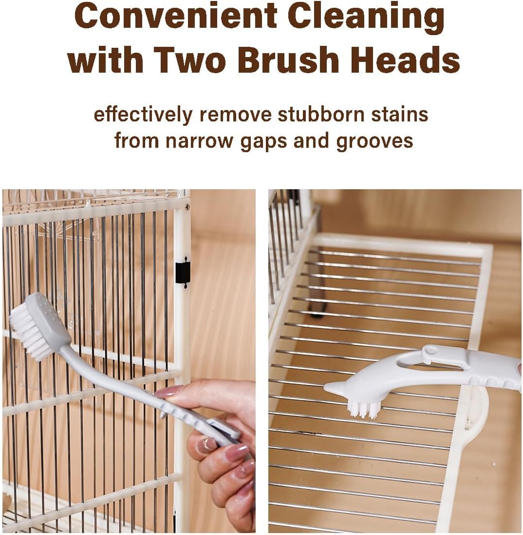 MANON ROSA Bird Cage Cleaner with Two Brush Heads Long Handle Tool for Cleaning Bird Parrot Cages Kennels Perches