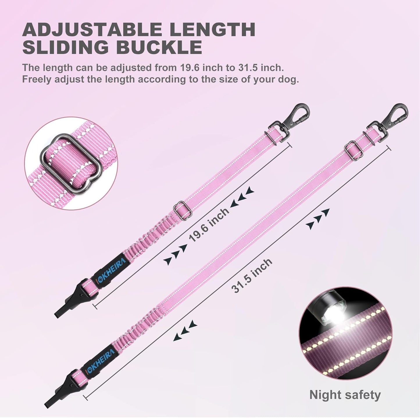 IOKHEIRA Dog Seat Belt 3-in-1 Car Harness for Dogs Adjustable Safety Seatbelt for Car Nylon Reflective Bungee Fabric Dog Car Harness with Clip Hook Latch & Buckle, Swivel Zinc Alloy Carabiner (Pink)