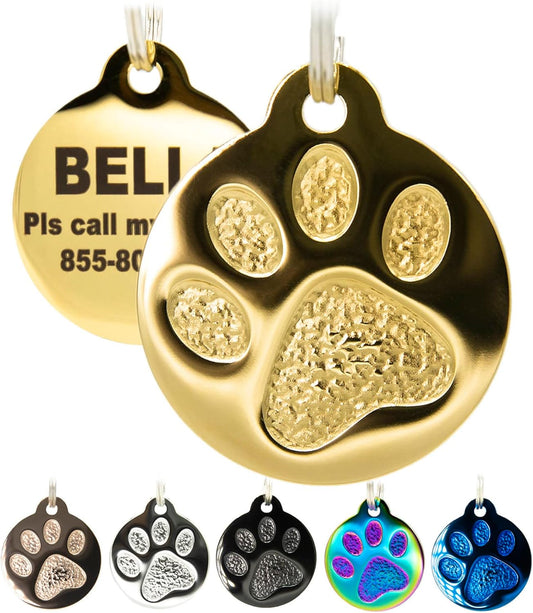 Engraved Pet Tag for Dogs and Cats - Personalized Front & Back up to 4 Lines of Text Custom Engraved ID, Round Paw Print Solid Plating Stainless Steel Gold Small