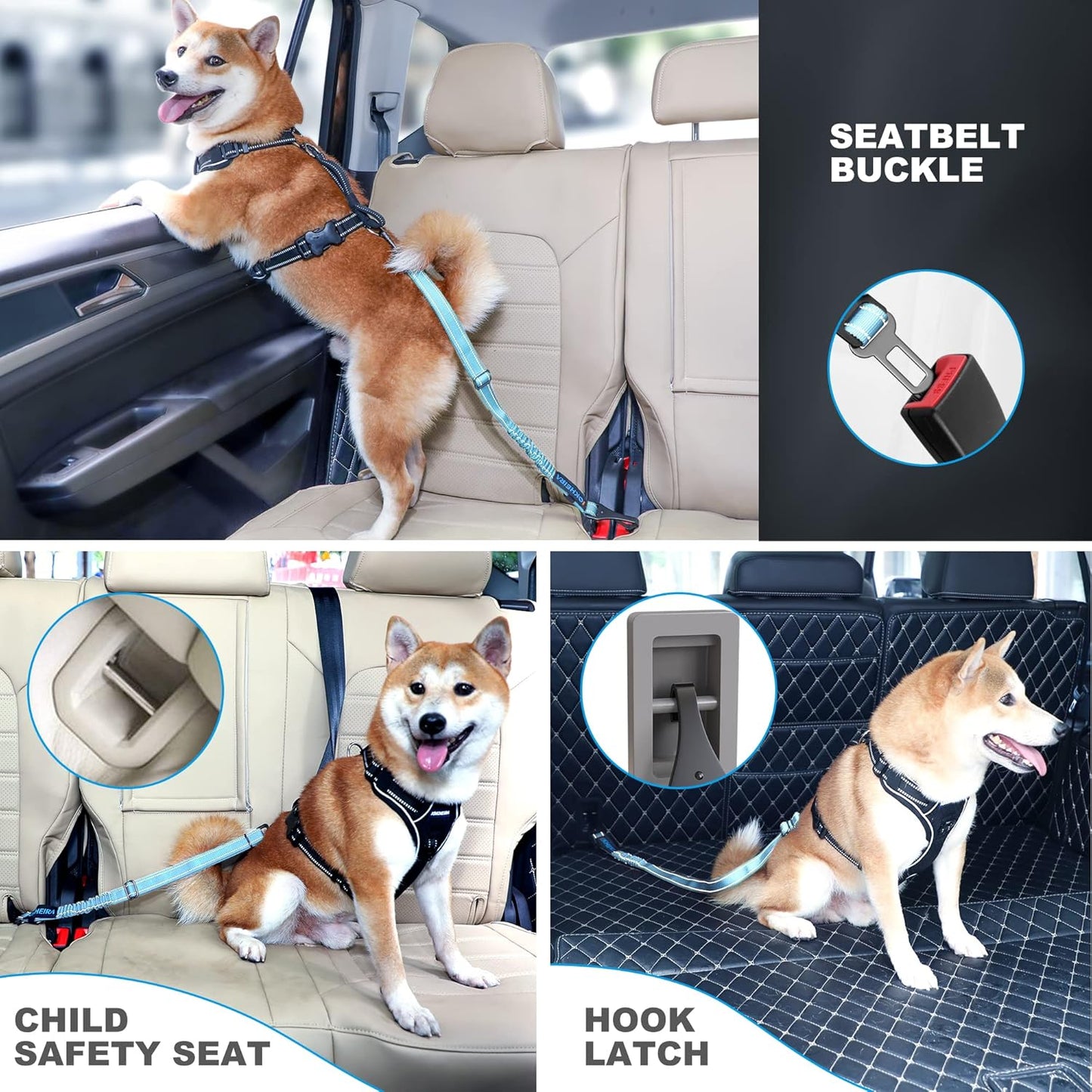 Dog Seat Belt 3-in-1 Car Harness for Dogs Adjustable Safety Seatbelt for Car Nylon Reflective Bungee Fabric Dog Car Harness with Clip Hook Latch & Buckle, Swivel Zinc Alloy Carabiner (Light Blue)