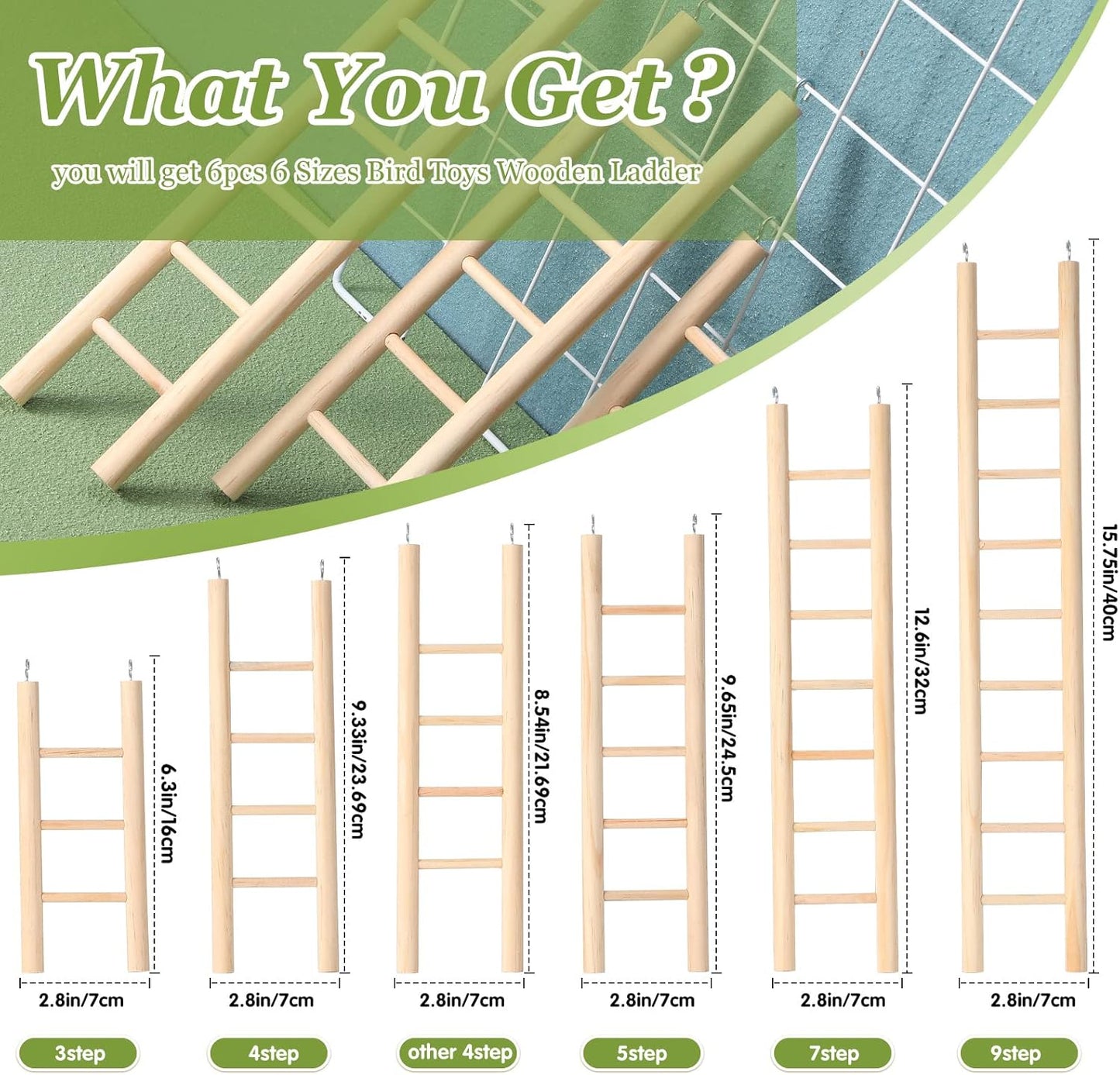 Kigeli 6 Pcs Wood Step Ladder for Bird, Hanging Bird Ladder Parrot Step Cage Hanging Climbing Toys for Parakeets, Parrots, Cockatoo and Lovebirds