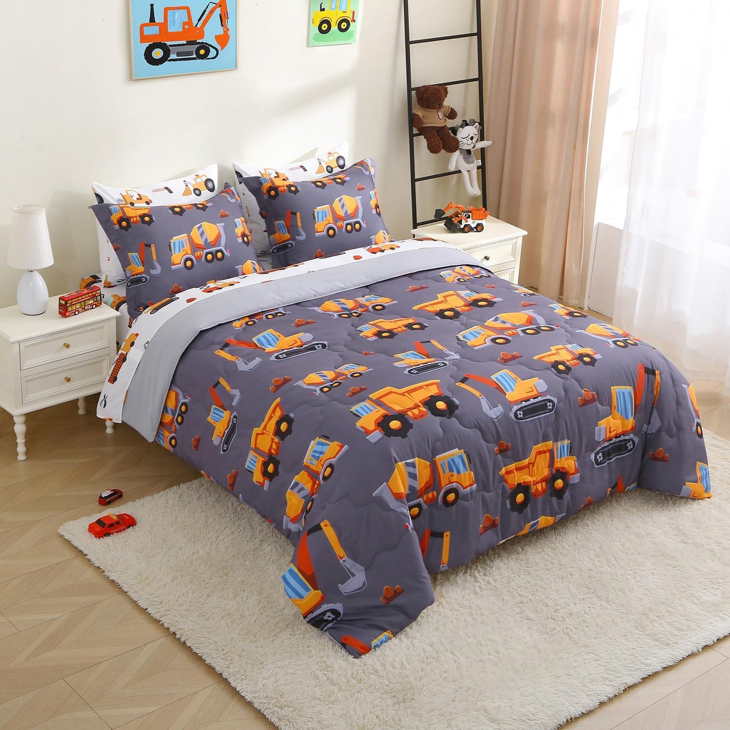 Kids Comforter Set 7 Piece Bedding Cute Car Cartoon Truck Bed Microfiber Comforter Full Size All Season Excavator Car Truck Printed