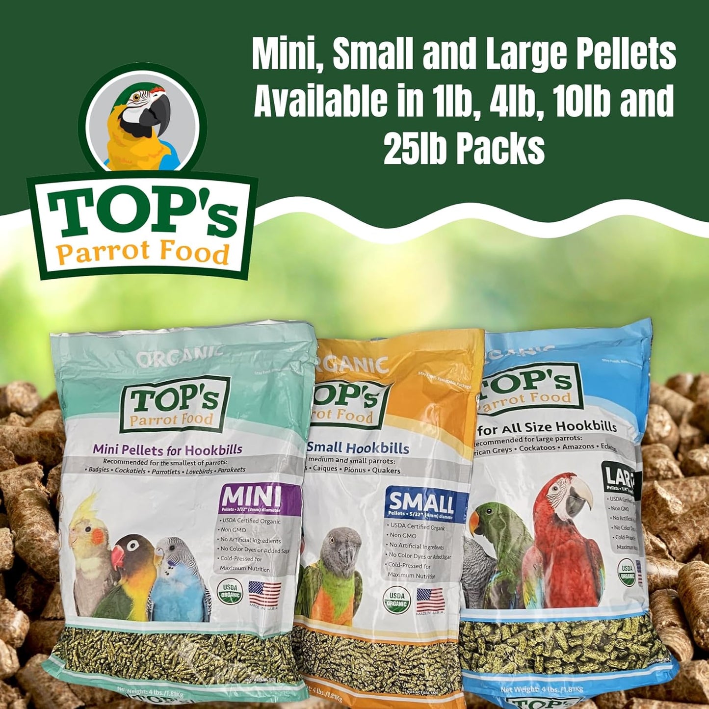 TOP's Parrot Food Pellets Hookbills, Small, Medium and Large Parrots - Non-GMO, Peanut Soy & Corn Free, USDA Organic Certified - 4 lb / 1.81 kg