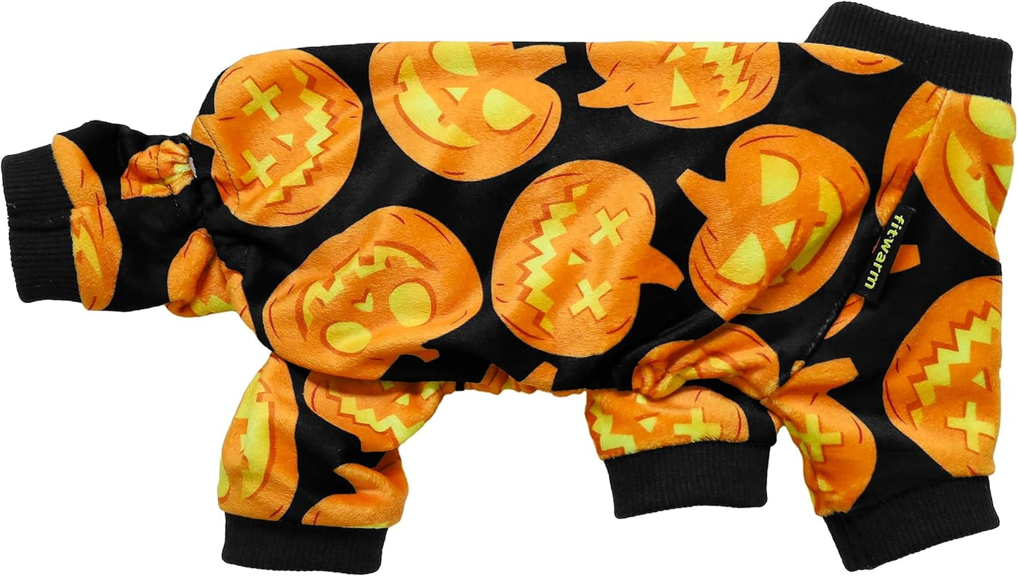 Fitwarm Halloween Pumpkin Dog Pajamas, Funny Dog Winter Clothes for Small Dogs Girl Boy, Pet Jumpsuit, Cat Halloween Costumes with Feet, Lightweight Velvet, Black, Orange, Medium