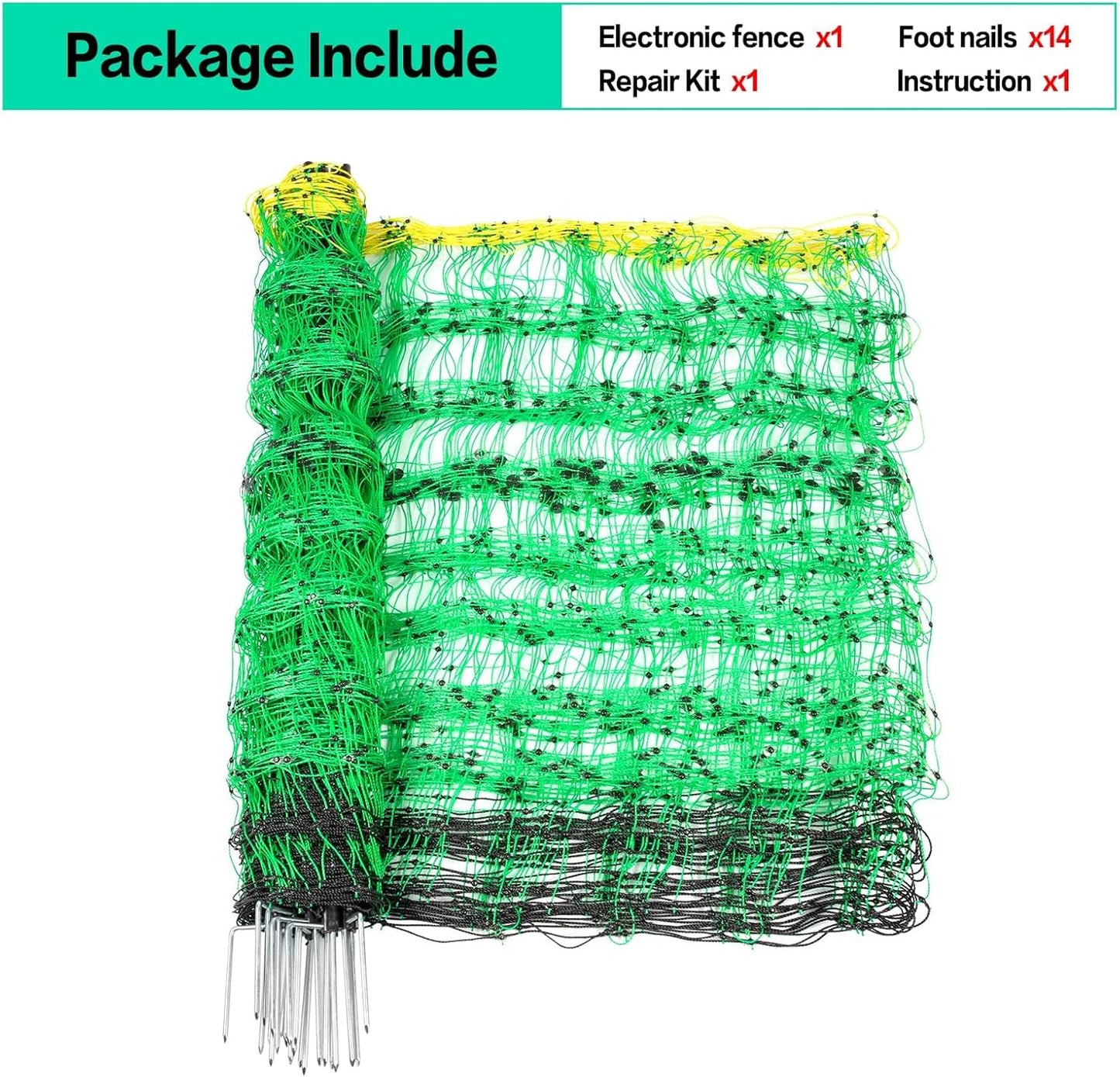 Electric Fence Netting, 49.6" H x 164' L, PE Net Fencing Kit with 14 Posts Double Spiked, Utility Portable Mesh for Sheep Hogs Goats Deer Dogs Lambs Used in Backyards Farms Ranches Patio, Green